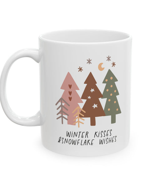 Christmas Tree Ceramic Mug — 'Winter Wishes & Snowy Kisses' Holiday Coffee Cup (11oz/15oz)