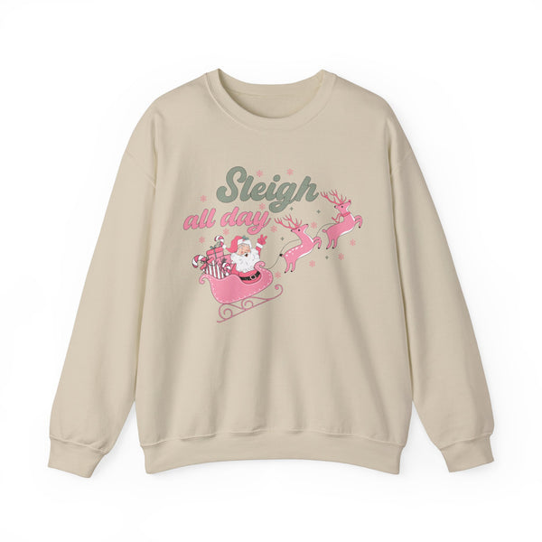 Sleigh All Day Crewneck Sweatshirt - Fun Santa in Sleigh Christmas Sweater - Christmas Spirit