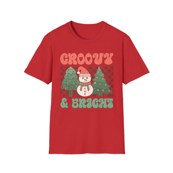 Groovy & Bright Christmas T-Shirt – Retro Snowman & Christmas Trees