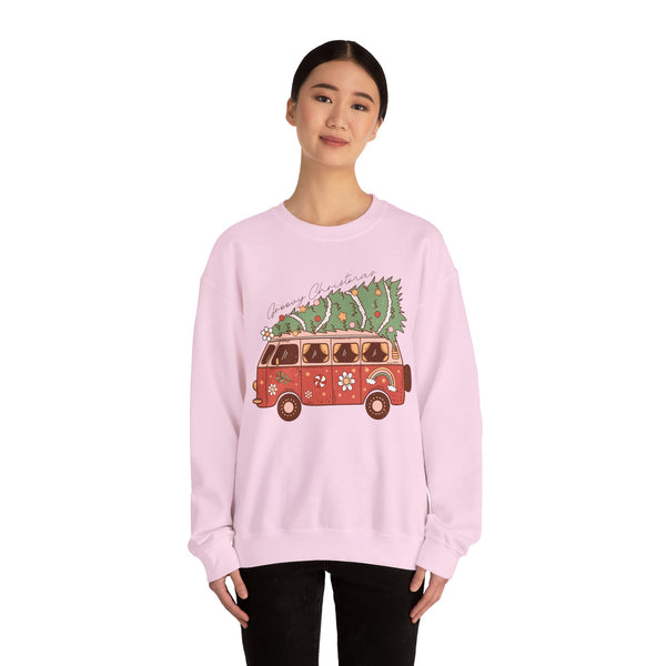 Groovy Christmas Van Crewneck Sweatshirt - Fun Holiday Road Trip Christmas Sweater - Merry Vibes