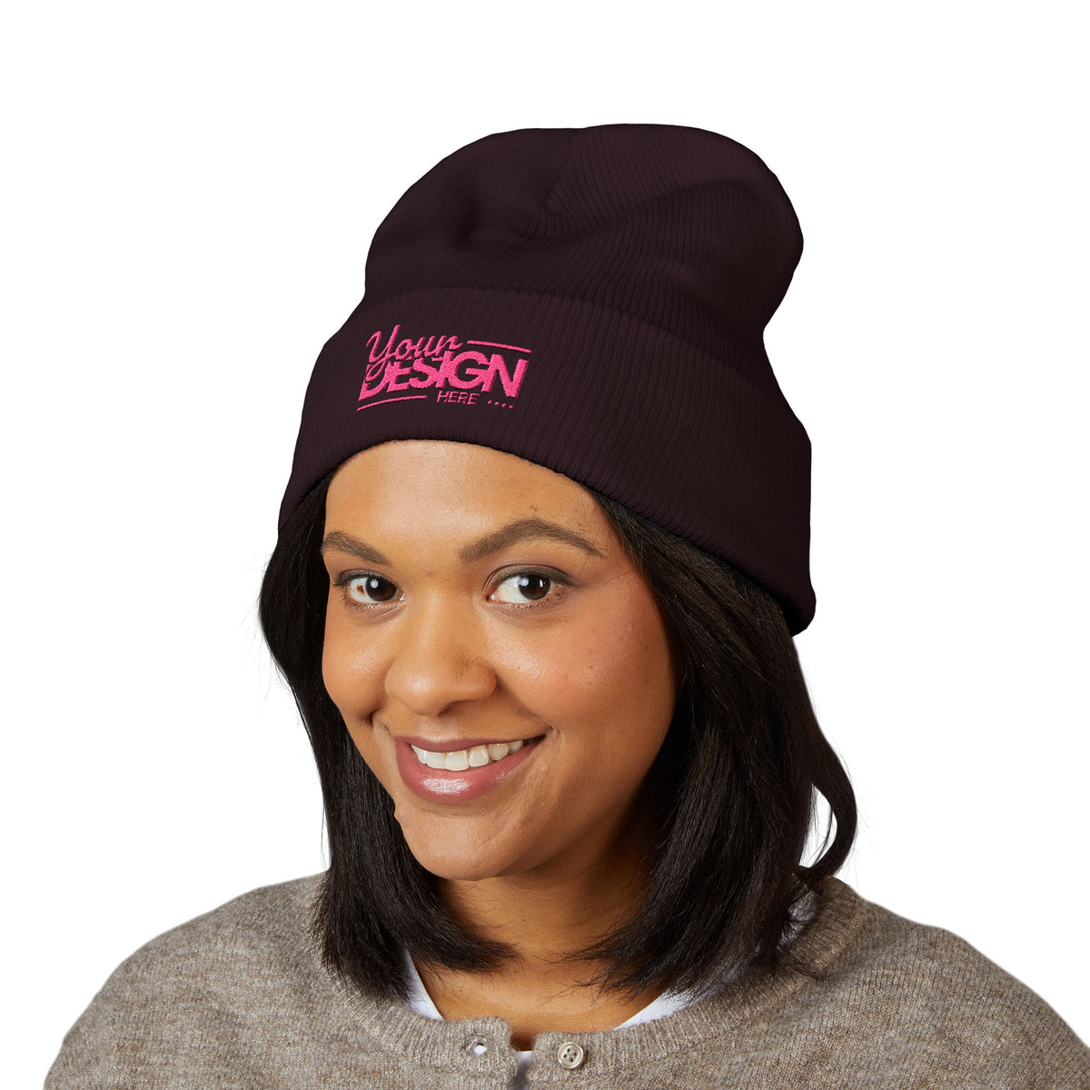 Embroidered Classic Cuffed Beanie – Customizable Pink Logo Winter Hat, Personalized Knit Beanie for Men & Women