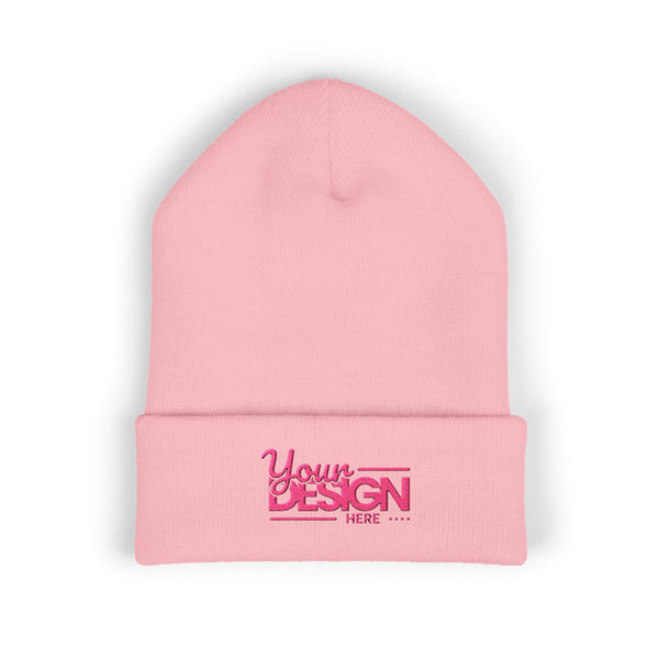 Embroidered Classic Cuffed Beanie – Customizable Pink Logo Winter Hat, Personalized Knit Beanie for Men & Women
