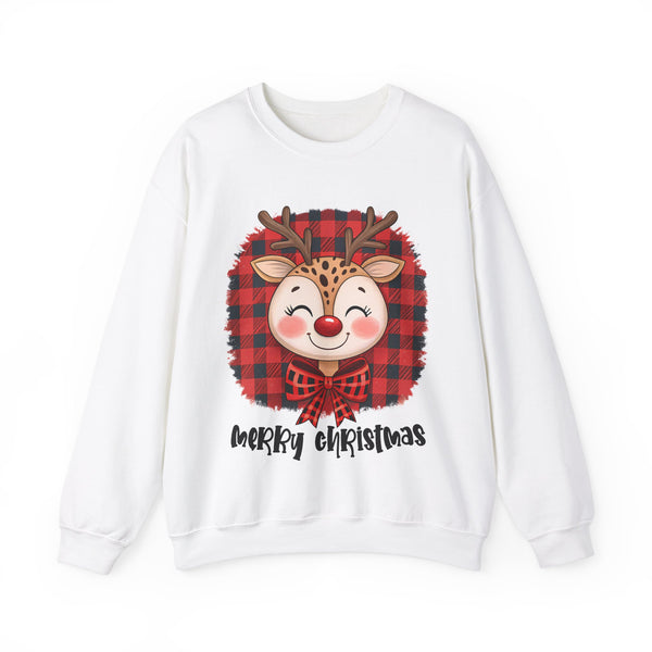 Merry Christmas Reindeer Sweatshirt – Cute Holiday Sweatshirt with Plaid Bow – Funny Christmas Sweater for Women –