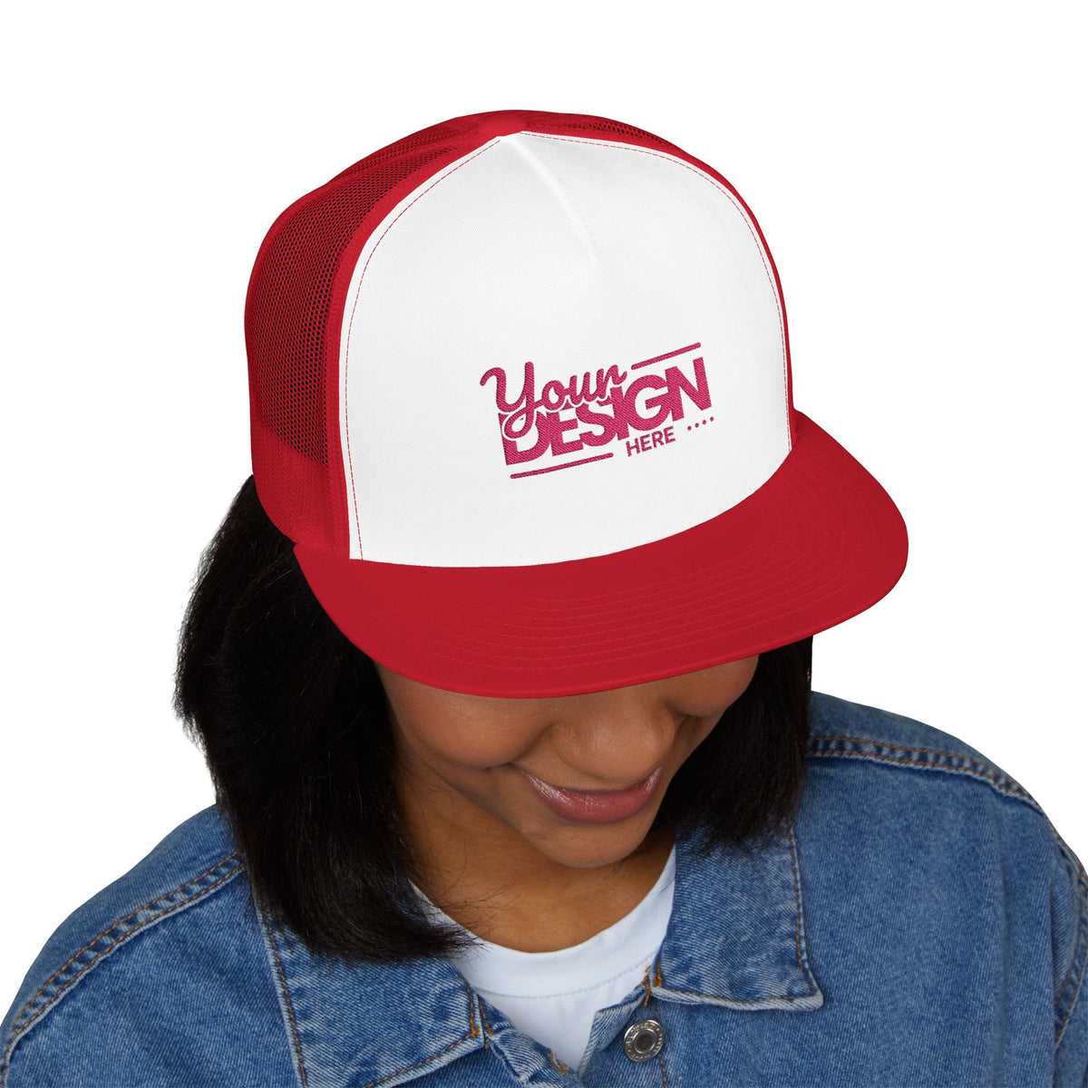 Custom Five-Panel Trucker Hat – Personalized High-Profile Mesh Snapback, Custom Logo Flat Bill Cap for Men & Women