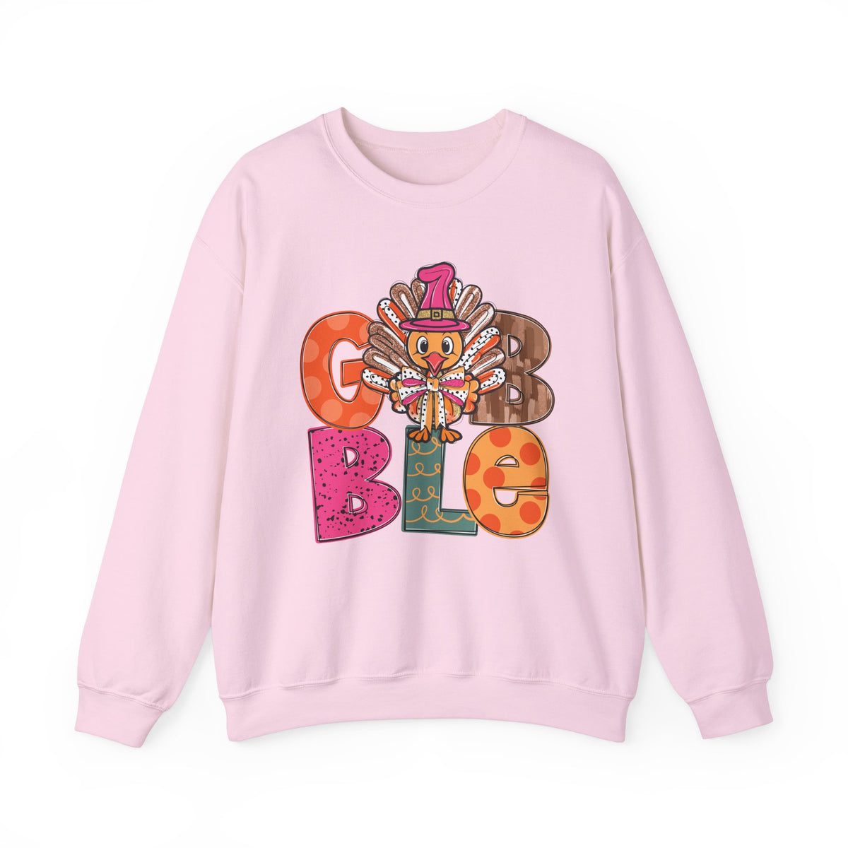 Funny Thanksgiving Sweatshirt – Gobble Turkey Graphic Sweater with Festive Colors and Pilgrim Hat