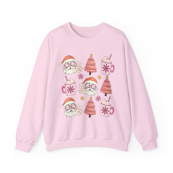 Peaceful Santa Crewneck Sweatshirt - Cute Santa with Peace Signs and Holiday Trees - Merry Vibes