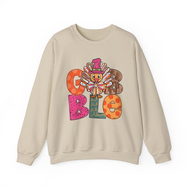 Funny Thanksgiving Sweatshirt – Gobble Turkey Graphic Sweater with Festive Colors and Pilgrim Hat