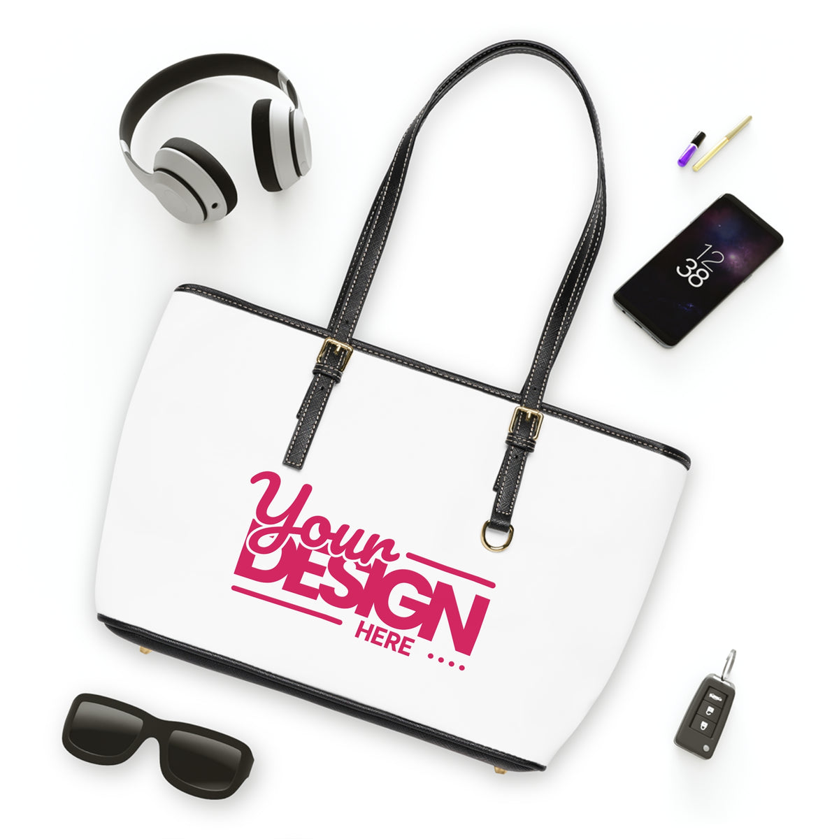 PU Leather Shoulder Bag – Customizable White Tote with ‘Your Design Here’ Print, Personalized Everyday Handbag for Work, Travel & Gifts