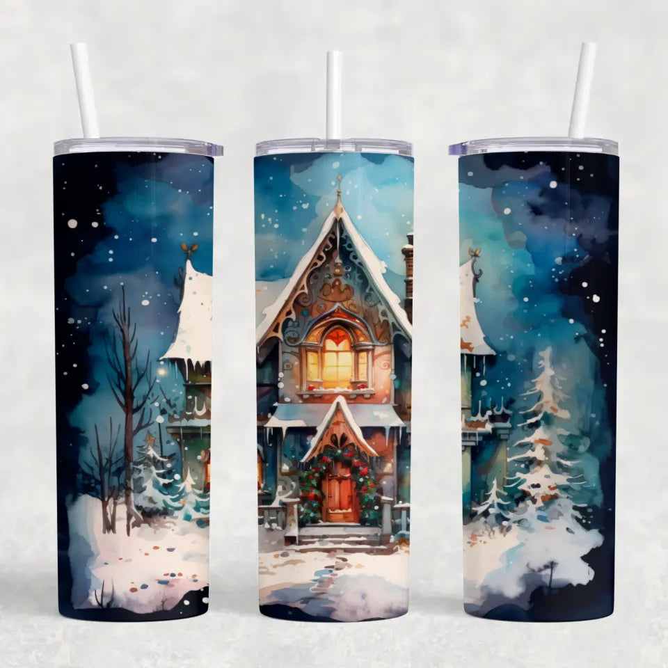 Christmas Cottage Tumbler - 20oz Skinny Insulated Cup with Winter Wonderland Design, Holiday Gift