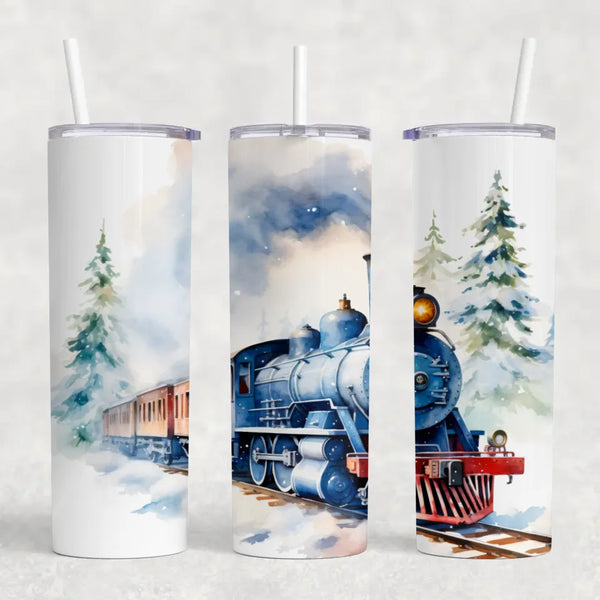 Winter Train Skinny Tumbler - 20oz Insulated Christmas Travel Mug with Scenic Snowy Design, Holiday Gift