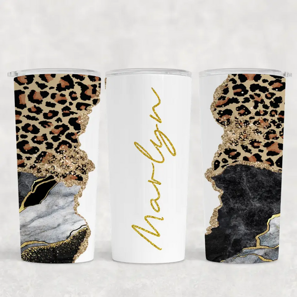 Personalized 20oz Tumbler with Name & Straw - Agate Glitter Leopard Print