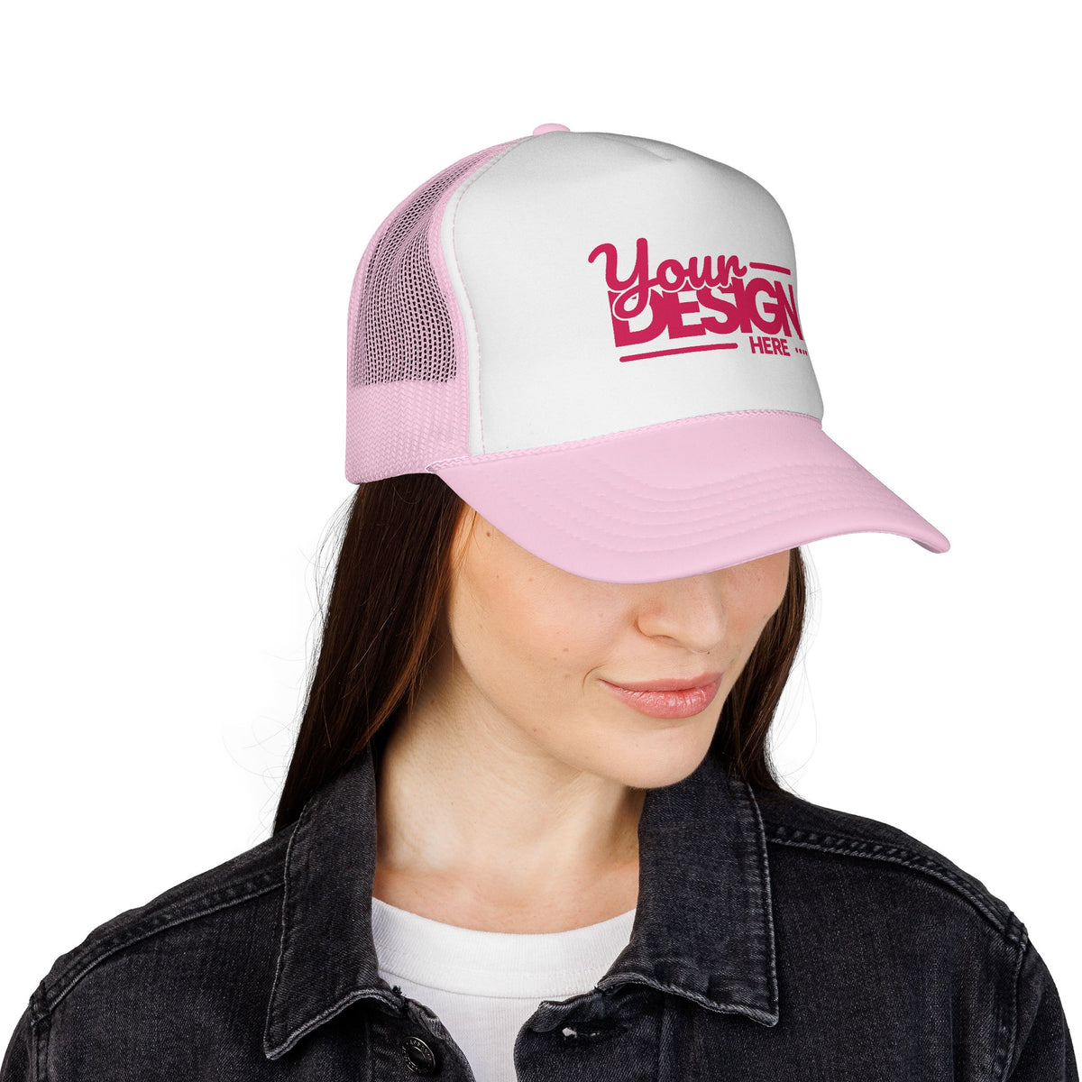 Custom Trucker Hat – Embroidered ‘Your Design Here’ Retro Script Cap, Personalized Mesh Snapback in Multiple Colors for Men & Women