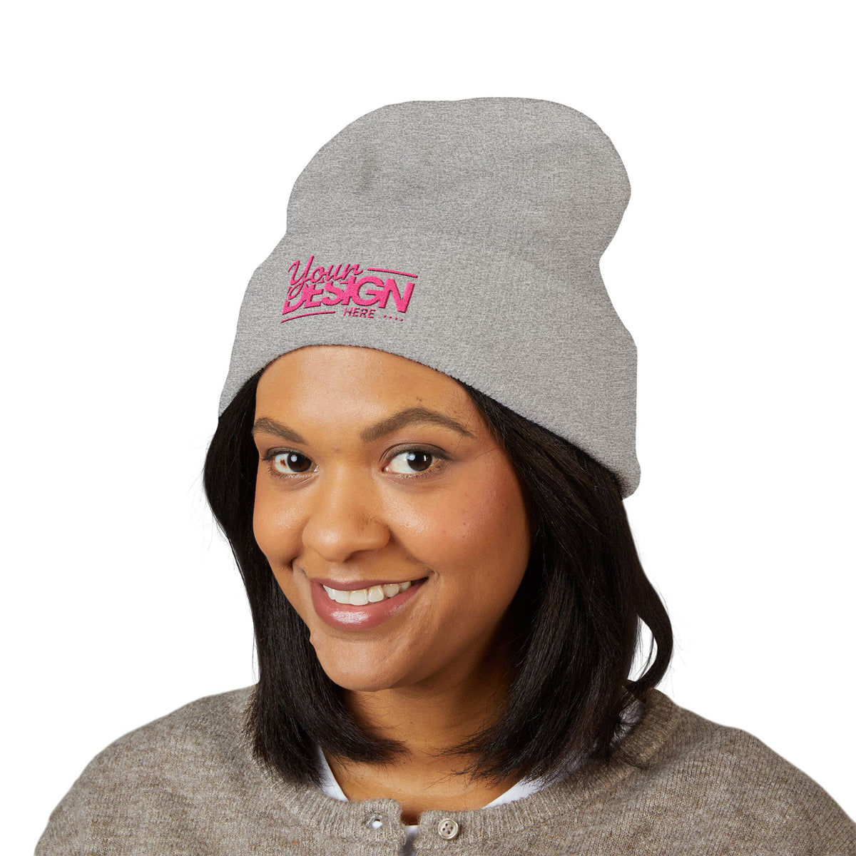 Embroidered Classic Cuffed Beanie – Customizable Pink Logo Winter Hat, Personalized Knit Beanie for Men & Women