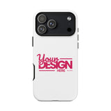White phone case with 'Your Design Here' text on a white background