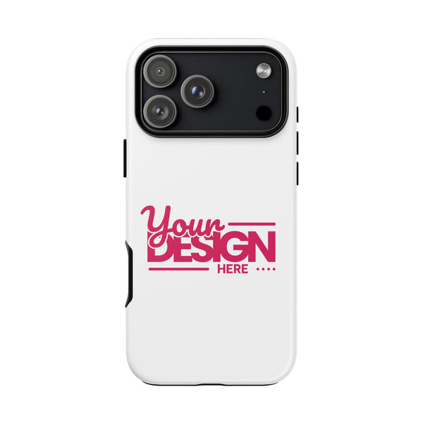 White phone case with 'Your Design Here' text on a white background