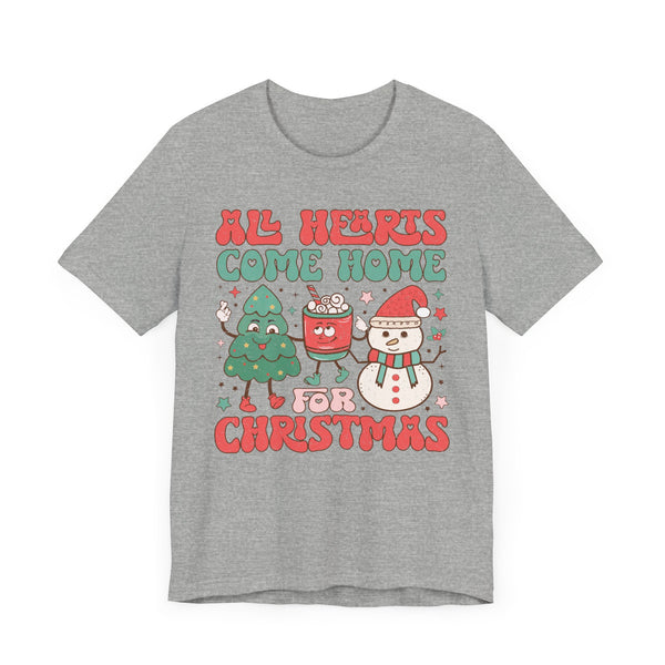 All Hearts Come Home for Christmas Graphic Tee - Christmas Tree, Hot Cocoa, and Snowman