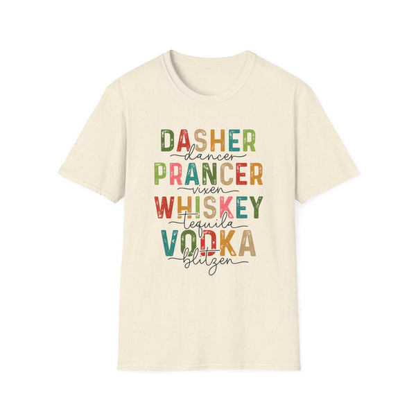 Dasher Dancer Prancer Vixen - Holiday Drink Graphic Tee, Funny Christmas Shirt, Whiskey Tequila Vodka Design, Festive