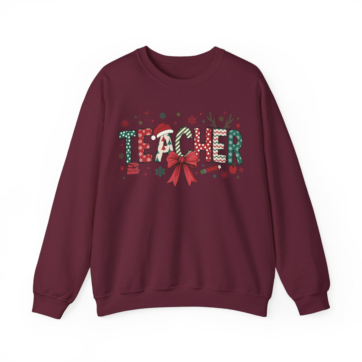 Teacher Christmas T-Shirt – Festive Holiday Graphic Tee with Santa Hat, Bow, and Snowflakes