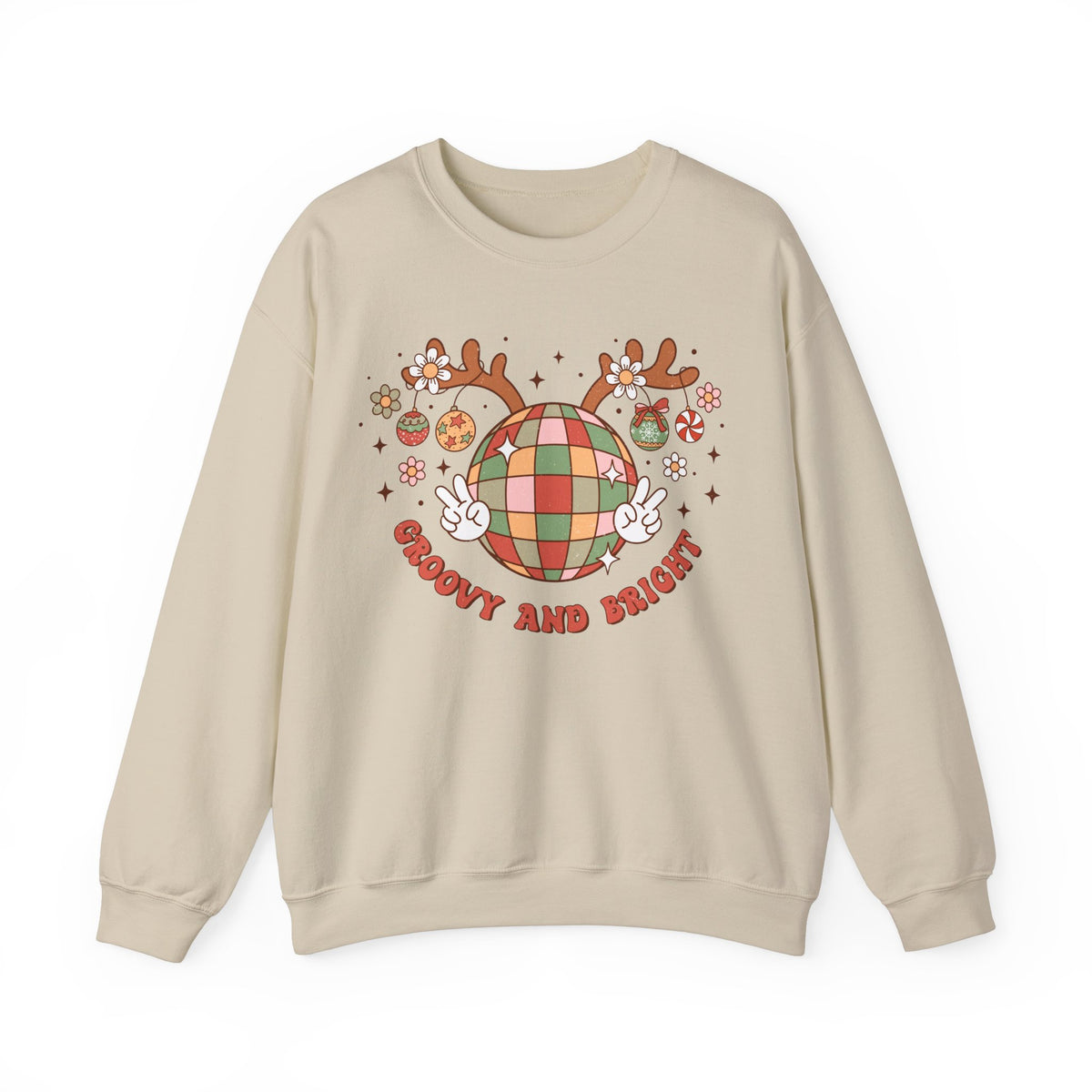 Groovy and Bright Crewneck Sweatshirt - Festive Disco Reindeer Christmas Sweater - Christmas Fun