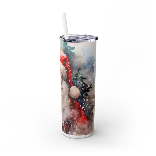 Watercolor Santa Christmas Tumbler - Santa Claus with Snowy Trees and Snowflakes