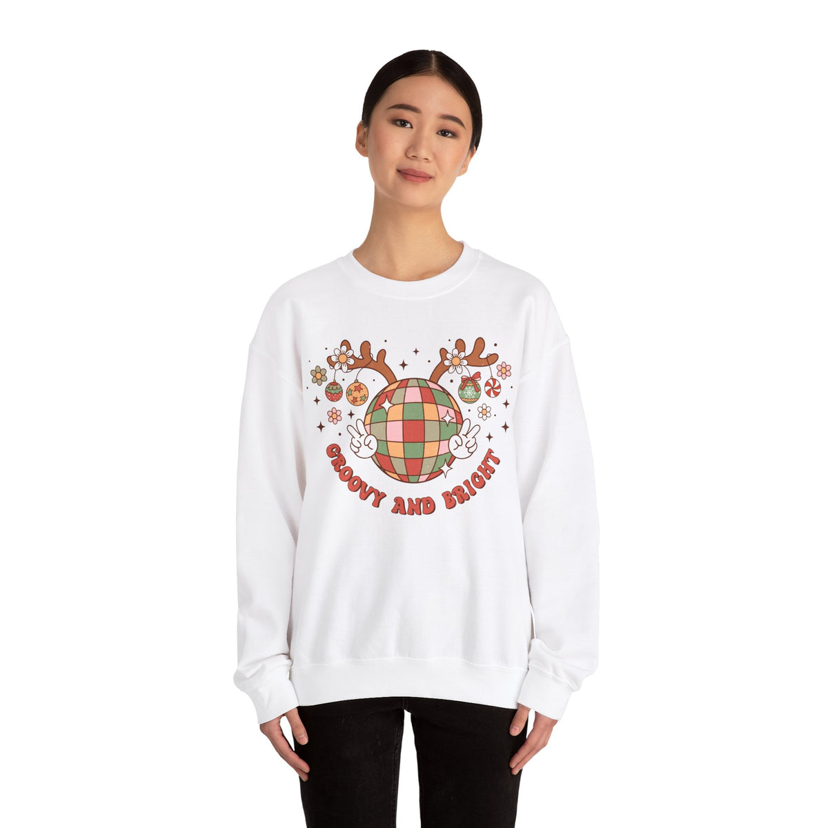 Groovy and Bright Crewneck Sweatshirt - Festive Disco Reindeer Christmas Sweater - Christmas Fun