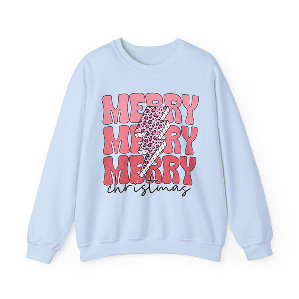 Merry Merry Merry Christmas Crewneck Sweatshirt - Bold Lightning Christmas Sweater - Holiday Cheer