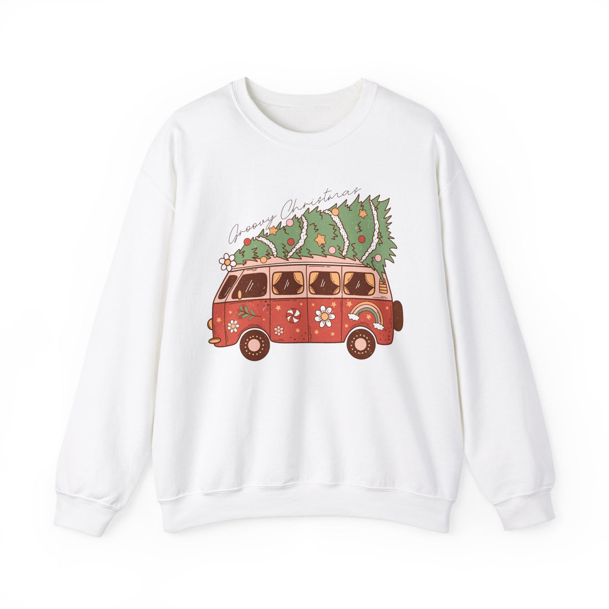 Groovy Christmas Van Crewneck Sweatshirt - Fun Holiday Road Trip Christmas Sweater - Merry Vibes