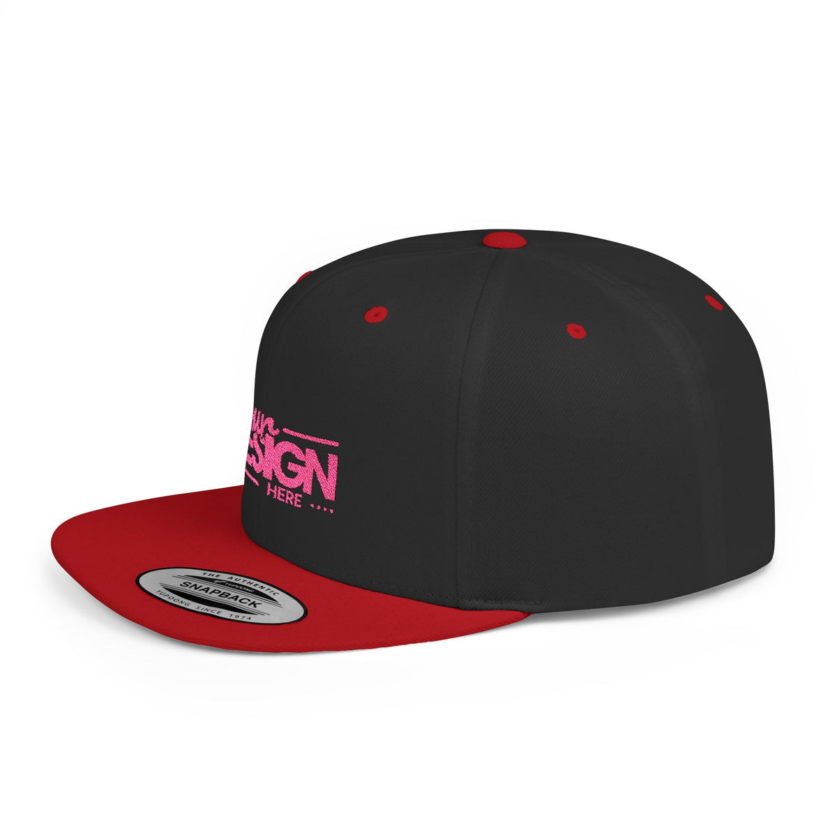 Snapback Hat – White Flat Bill Cap with Pink ‘Your Design Here’ Embroidery, Custom Logo Hat for Men & Women