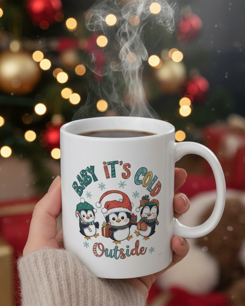 Penguin Holiday Mug - 'Baby It's Cold Outside' Cute Winter Coffee Cup (11oz, 15oz)