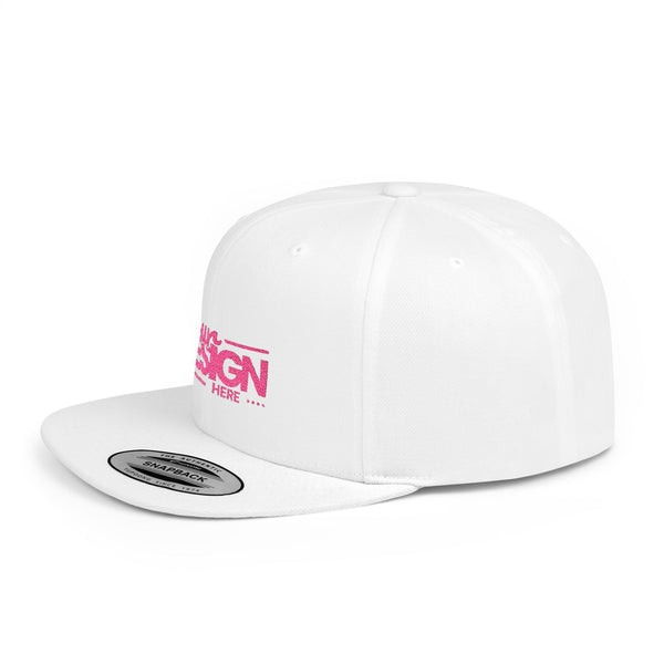 Snapback Hat – White Flat Bill Cap with Pink ‘Your Design Here’ Embroidery, Custom Logo Hat for Men & Women