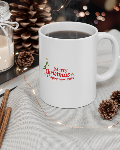 Christmas Greetings Ceramic Mug – 'Merry Christmas & Happy New Year' Holiday Coffee Cup (11oz, 15oz)