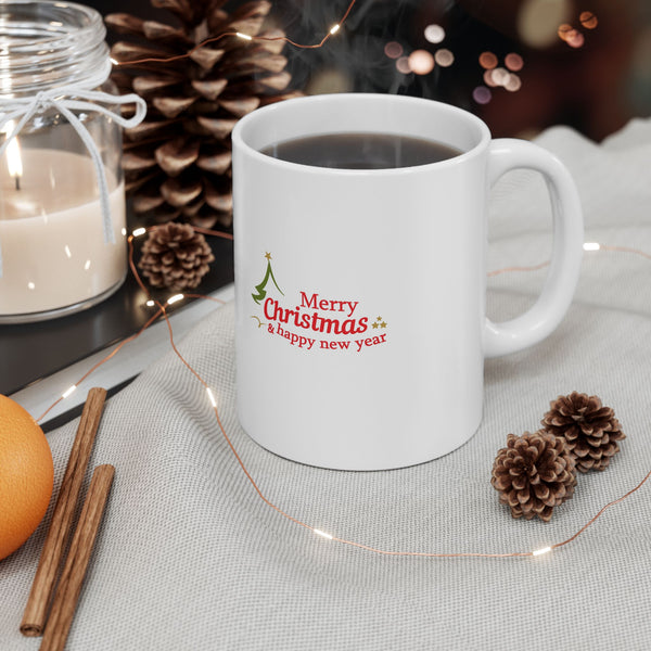 Christmas Greetings Ceramic Mug – 'Merry Christmas & Happy New Year' Holiday Coffee Cup (11oz, 15oz)