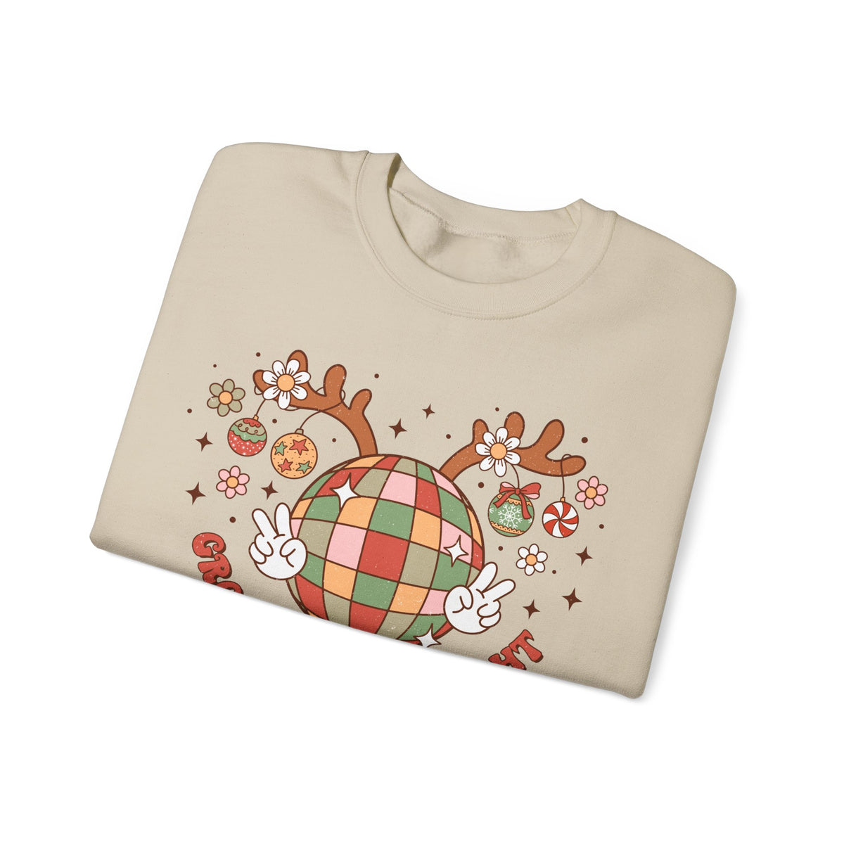 Groovy and Bright Crewneck Sweatshirt - Festive Disco Reindeer Christmas Sweater - Christmas Fun