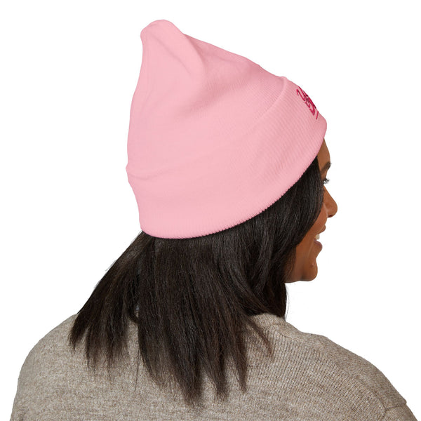 Embroidered Classic Cuffed Beanie – Customizable Pink Logo Winter Hat, Personalized Knit Beanie for Men & Women