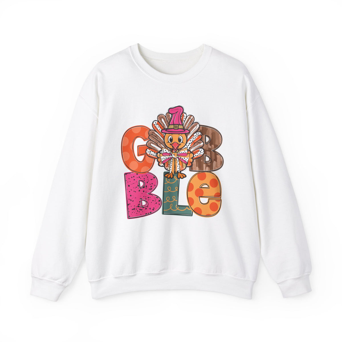 Funny Thanksgiving Sweatshirt – Gobble Turkey Graphic Sweater with Festive Colors and Pilgrim Hat