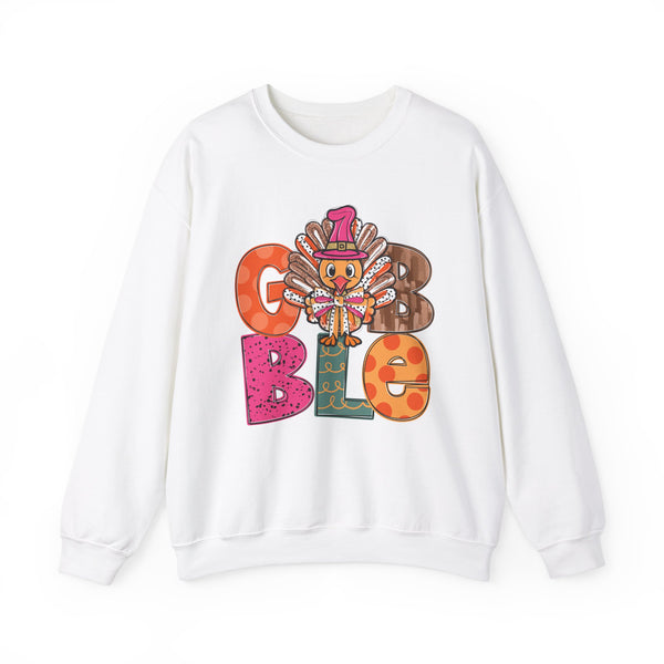 Funny Thanksgiving Sweatshirt – Gobble Turkey Graphic Sweater with Festive Colors and Pilgrim Hat