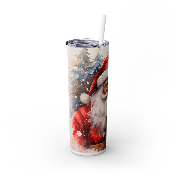 Watercolor Santa Christmas Tumbler - Santa Claus with Snowy Trees and Snowflakes