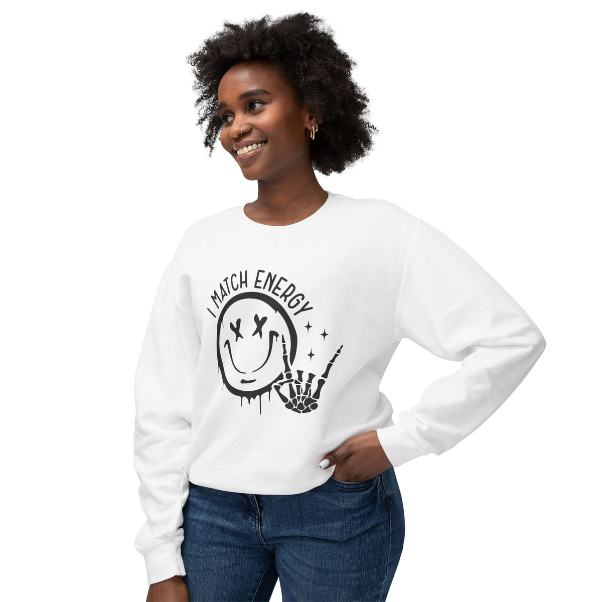 I Match Energy Sweatshirt - Cool Skeleton Hand and Smiley Graphic Pullover