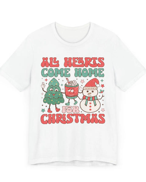 All Hearts Come Home For Christmas Graphic Tee With Tree Cocoa Snowman