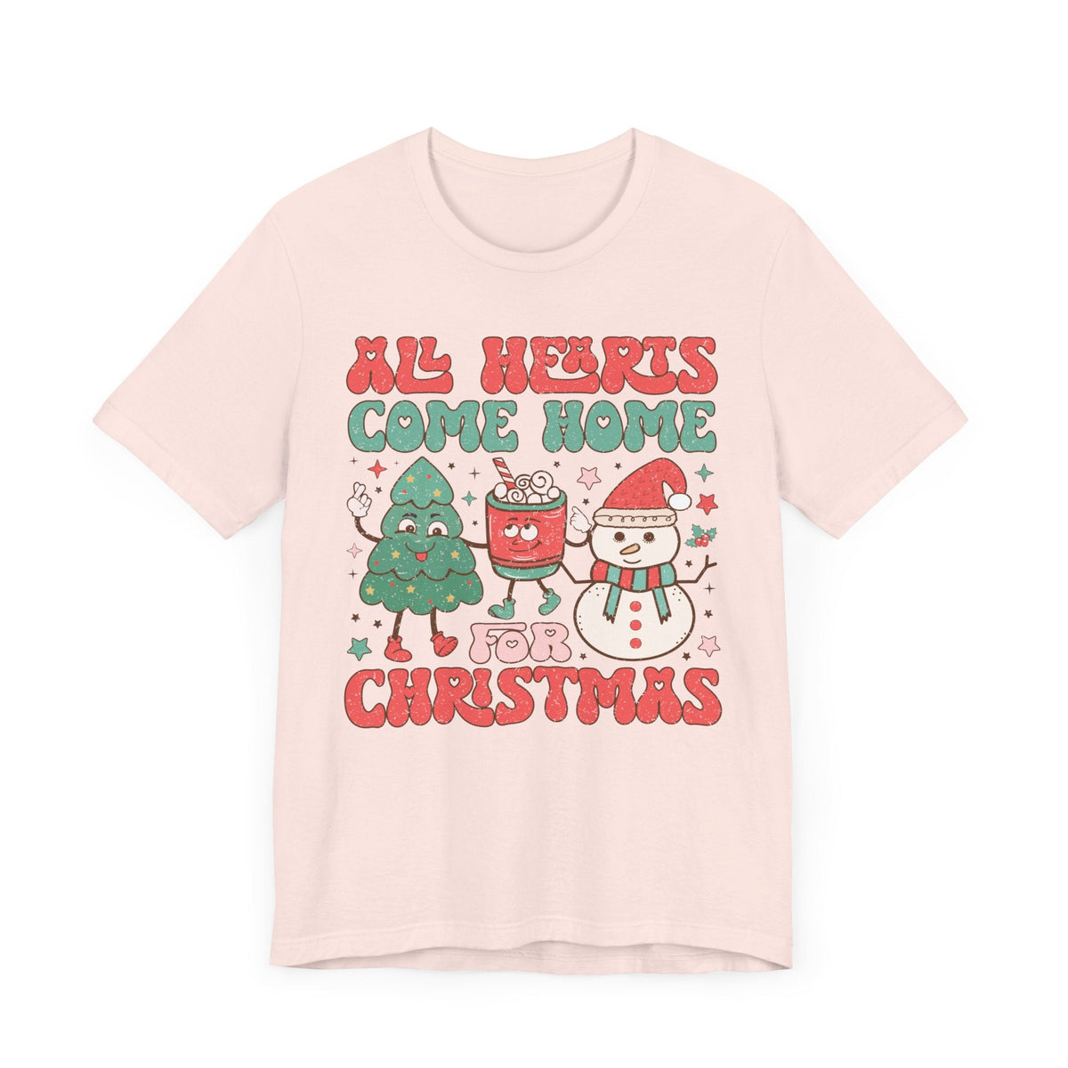 All Hearts Come Home for Christmas Graphic Tee - Christmas Tree, Hot Cocoa, and Snowman