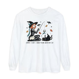 Autumn Witch Cat Halloween Long Sleeve T-Shirt - Skeleton & Ghost Companion Graphic Tee