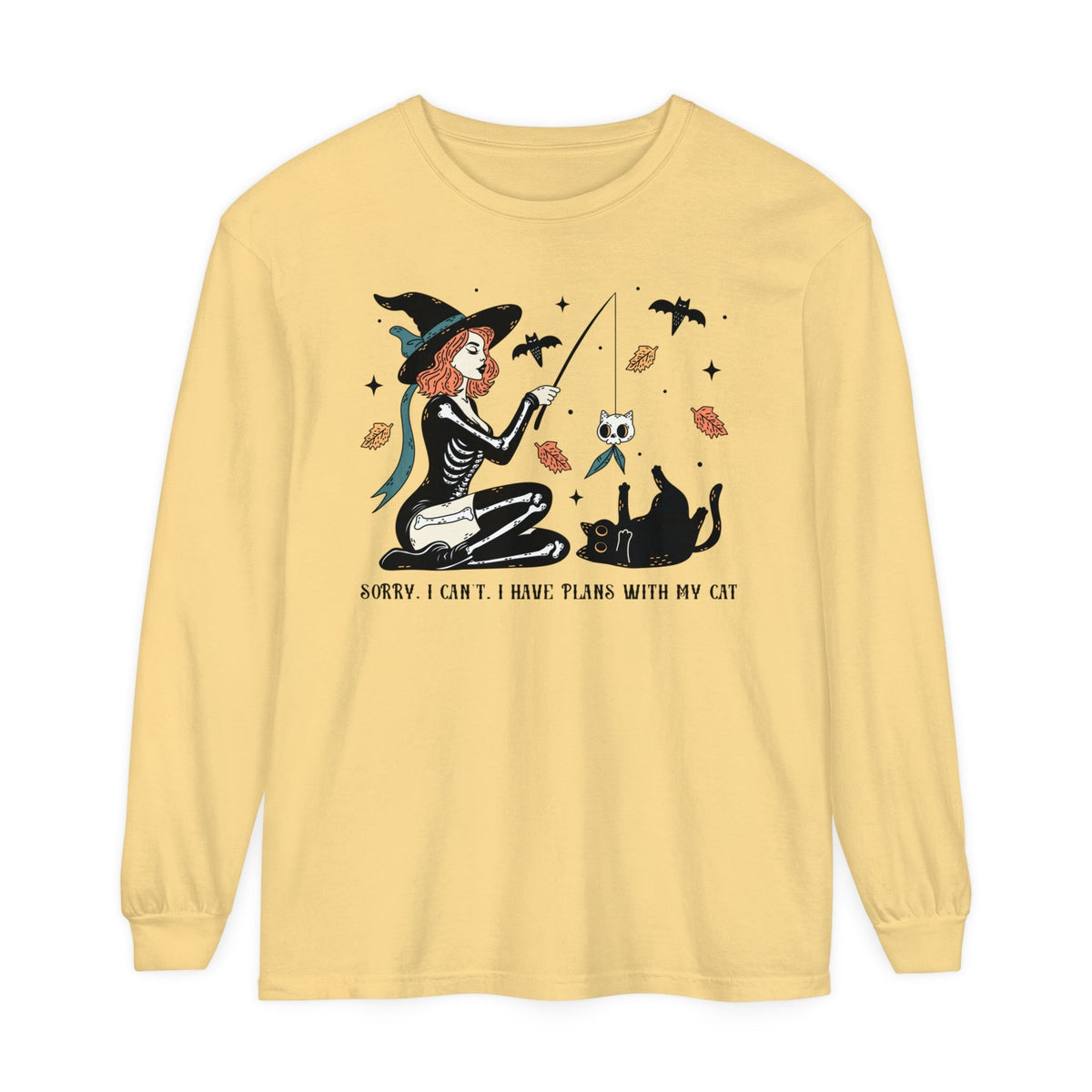 Autumn Witch Cat Halloween Long Sleeve T-Shirt - Skeleton & Ghost Companion Graphic Tee