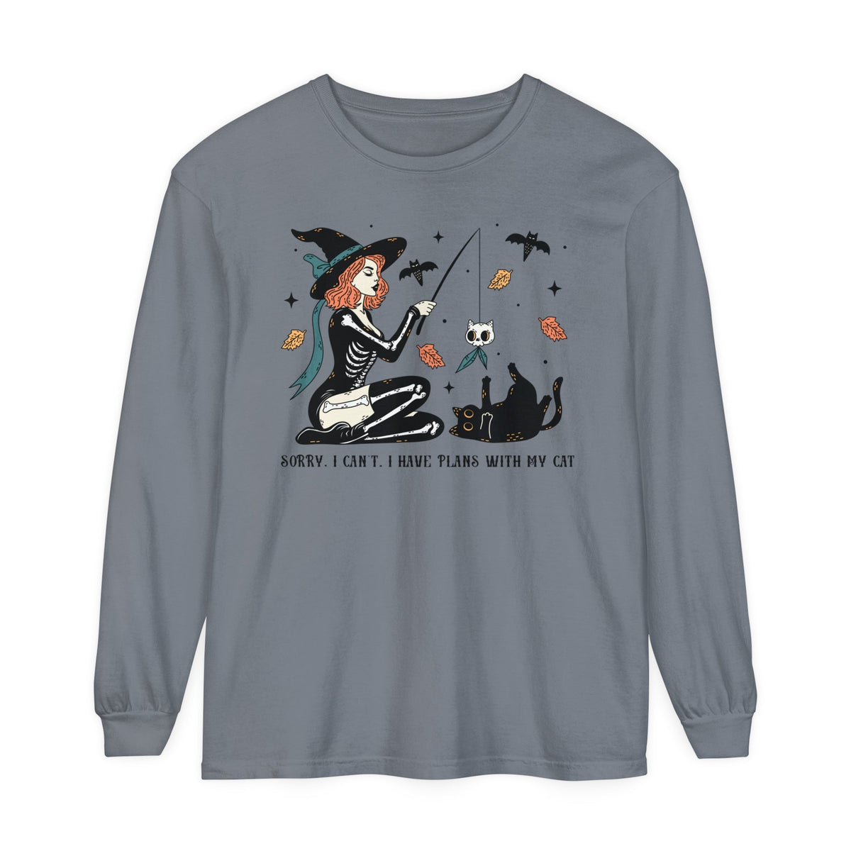 Autumn Witch Cat Halloween Long Sleeve T-Shirt - Skeleton & Ghost Companion Graphic Tee