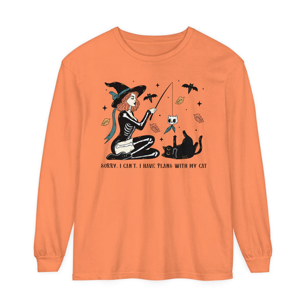 Autumn Witch Cat Halloween Long Sleeve T-Shirt - Skeleton & Ghost Companion Graphic Tee