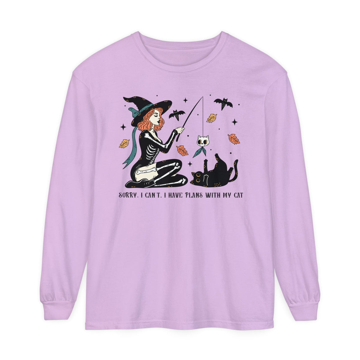 Autumn Witch Cat Halloween Long Sleeve T-Shirt - Skeleton & Ghost Companion Graphic Tee