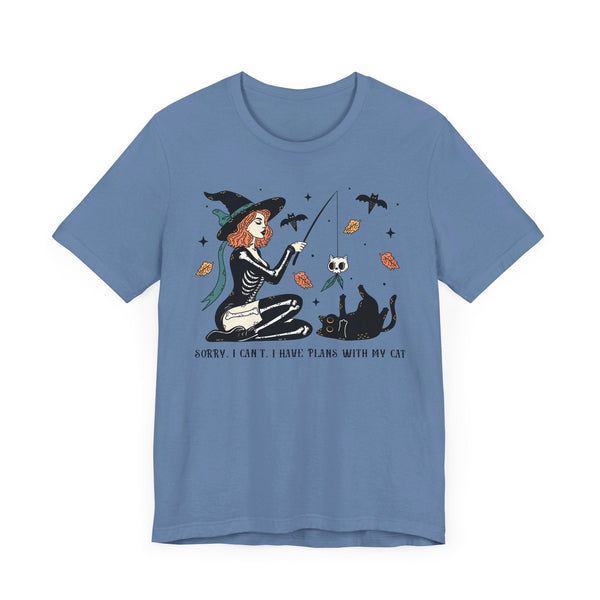 Autumn Witch Cat Halloween Shirt - Skeleton & Ghost Companion Graphic Tee