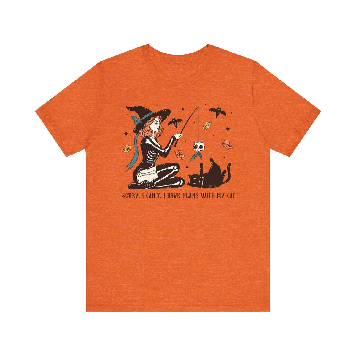 Autumn Witch Cat Halloween Shirt - Skeleton & Ghost Companion Graphic Tee