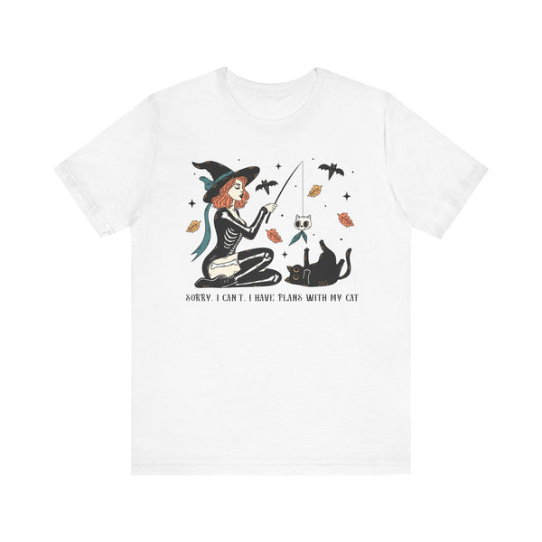 Autumn Witch Cat Halloween Shirt - Skeleton & Ghost Companion Graphic Tee