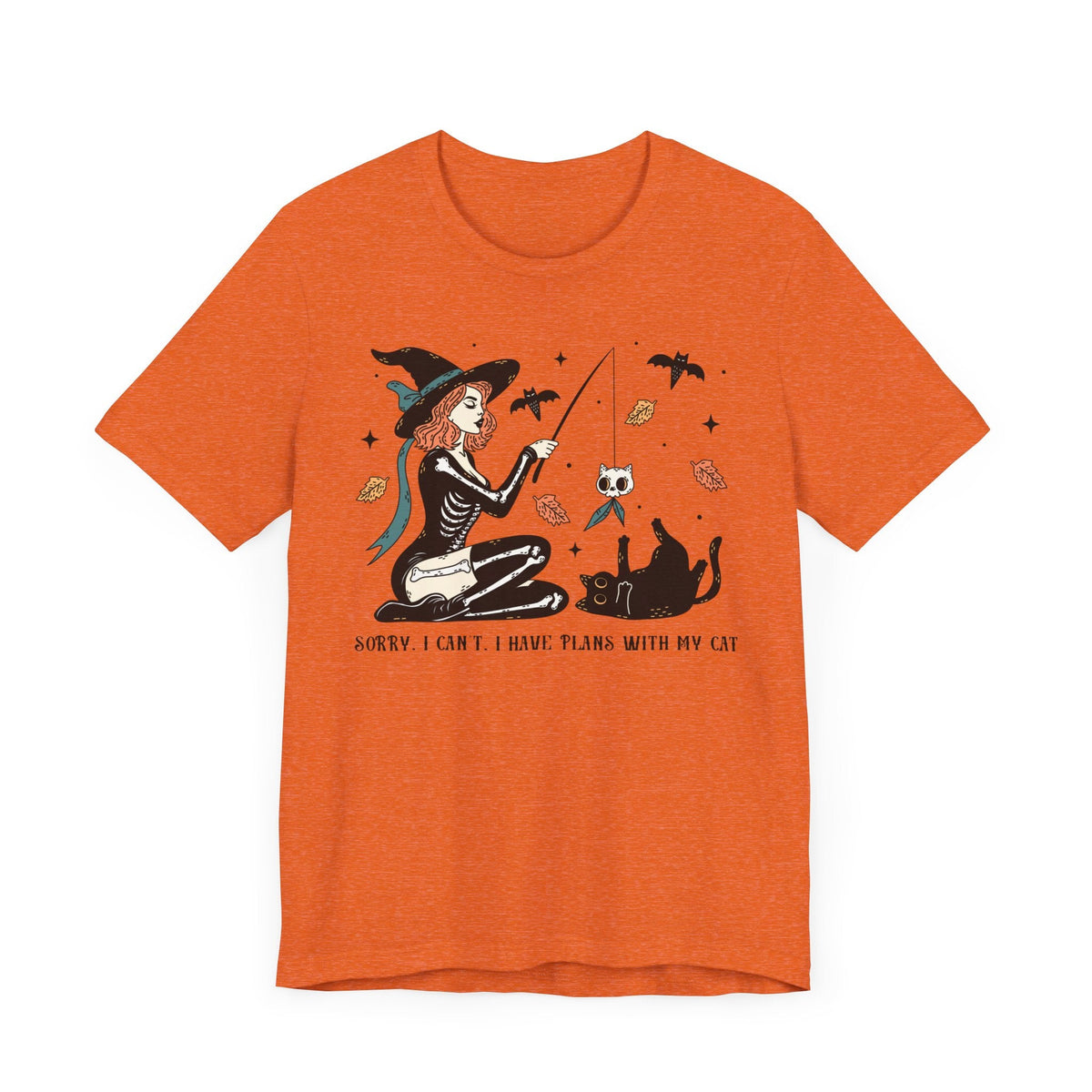 Autumn Witch Cat Halloween Shirt - Skeleton & Ghost Companion Graphic Tee