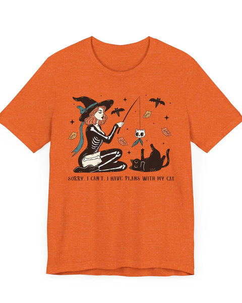 Autumn Witch Cat Halloween Shirt Skeleton And Ghost Graphic Tee